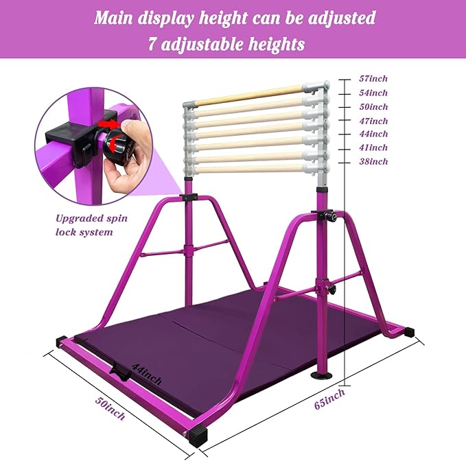 Foldable Gymnastics Kip Bar,Horizontal Bar for Kids,No Wobble Gym Equipment for Home Indoor,3' to 5' Adjustable Height,Gymnasts 1-4 Levels,300 lbs Weight Capacity