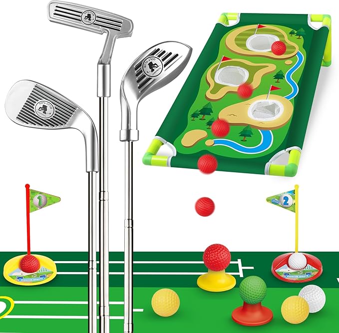 Toddler Golf Set, Golf Clubs Length Adjustable with Mat & Golf Cornhole, Upgraded Kids Golf Clubs with 8 Balls, Indoor & Outdoor Sports Toys Birthday Gifts for 3 4 5 6 Years Old Boys Girls