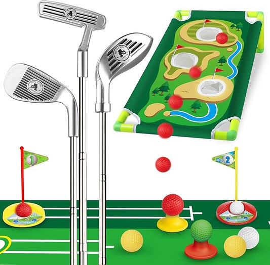 Toddler Golf Set, Golf Clubs Length Adjustable with Mat & Golf Cornhole, Upgraded Kids Golf Clubs with 8 Balls, Indoor & Outdoor Sports Toys Birthday Gifts for 3 4 5 6 Years Old Boys Girls