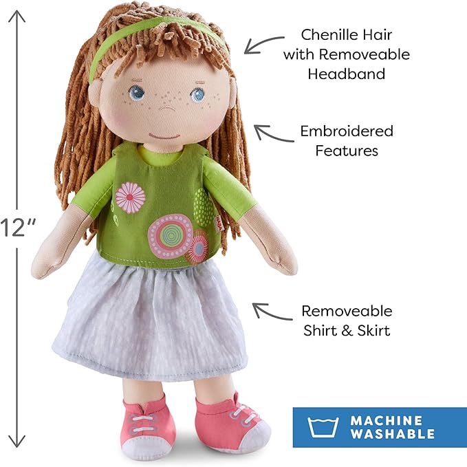 HABA 12" Soft Baby Doll Hedda with Brown Hair, Blue Eyes & Embroidered Face, Washable Toddler Doll for 18 Months+