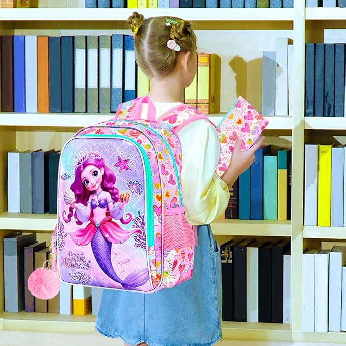 CCJPX 16" Mermaid Backpack for Girls, 3Pcs Kids Bookbag with Lunch Box, Water Resistant Elementary School Bag for Kindergarten Preschool Toddler (Pink)