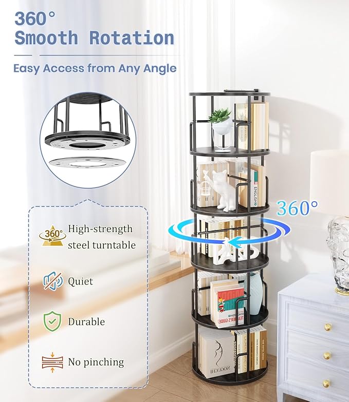 5 Tier Rotating Bookshelf Tower Round Black,62”Tall Standing Spinning Bookshelf Tower Anti-Tipping Design,Metal & Wood Revolving Bookcase Stackable Space Saving for Small Spaces,Study,Living Room