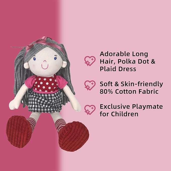 13” Soft Baby Doll Toy, Plush Rag Doll Featuring Gray Flowing Hair, Pink Headband, Polka - Dot & Checkered Dress, Ideal Stuffed Toy for Kids' Gifting & Play
