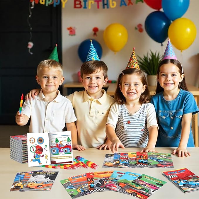 BenLouis 12 Race Car Mini Coloring Books Kids with 12 Stacking Crayons Racing Theme Party Favors Small Activity Books Bulk for Kids Fast Racecar Wheel Birthday Party Gift Goodie Bag Stuffers