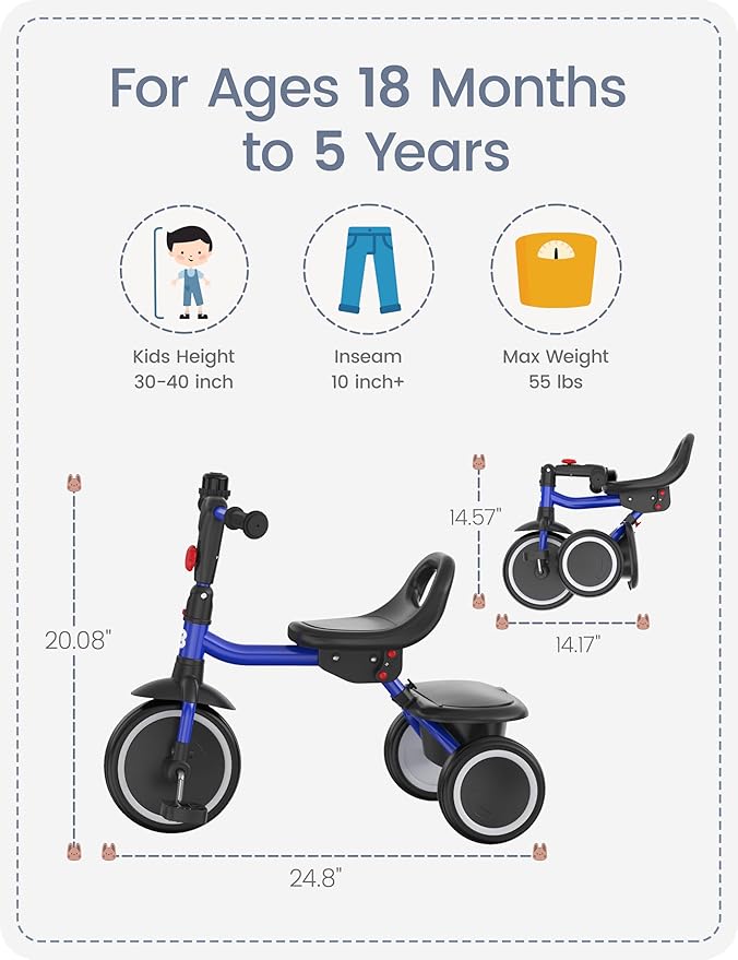 besrey Toddler Tricycle with Bell, Kids Tricycle Age 18 Months to 5 Years, Kids Trike, Toddler Bike for 1.5-5 Year Olds, Baby Trike, Gifts & Toys for Boys & Girls, Blue