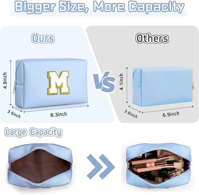 TOPEAST Cosmetic Travel Bags for Women, Preppy Small Makeup Bag, PU Leather Waterproof Toiletry Bag, Unique Friendship Gifts for Friends Coworker, Cute Stuff for Girls (Sky Blue R)