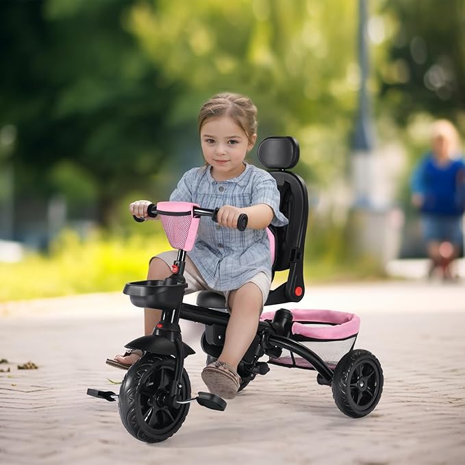 Kinder King Kids Tricycle, 7 in 1 Folding Toddler Trike w/Adjustable Push Handle, Rotatable Seat, Adjustable Canopy, Safety Harness, Storage, Toddler Stroller Bike for Age 6 Months+,Pink