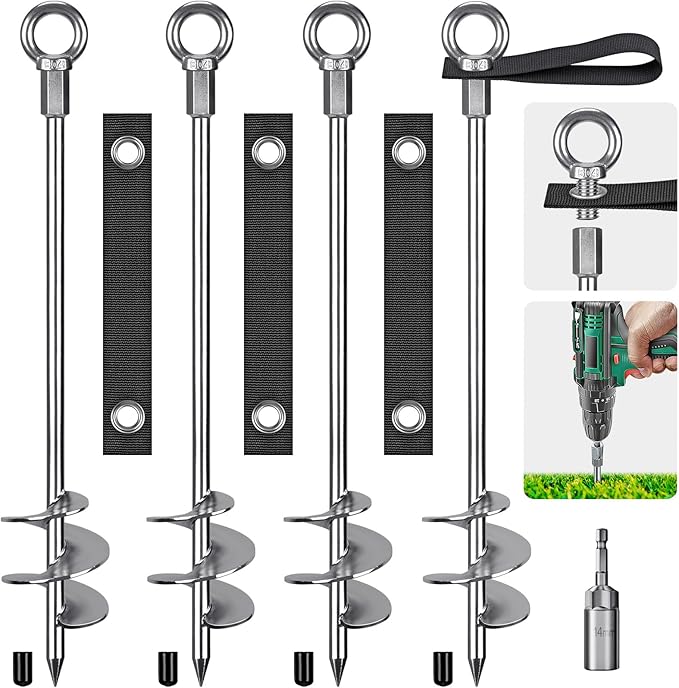 24'' Ground Anchors Screw in - Heavy Duty Trampoline Anchors -Shed Anchor Kit - Mobile Home Anchors - Earth Anchors for Swing Sets, Gazebos, Carports, and Hurricane, 4pcs