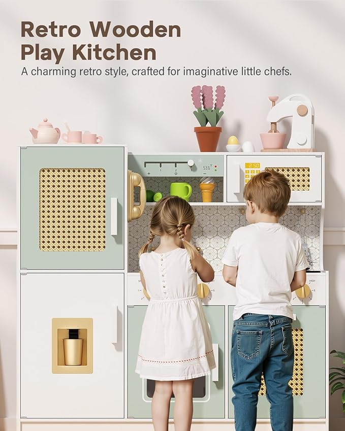 Babytronic Wooden Kitchen Playset for Kids, Pink Pretend Play Kitchen with Lights & Sounds, Retro Style Toy Kitchen for Toddlers Ages 3+, Wooden Play Kitchen Set with Realistic Design (Green)