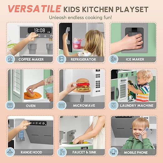 BIERUM Play Kitchen with Realistic Lights & Sounds, Wooden Kitchen Playset with 28 Pcs Toy Food & Cookware Accessories, Toy Kitchen with Plenty of Play Features, Idea Gift for Boys and Girls Ages 3+