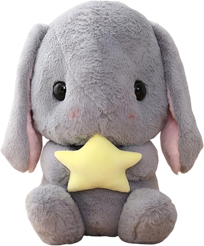 HOUPU Soft Toy - Sitting Lop Eared Rabbit, Easter White Rabbit Stuffed Bunny Animal with Carrot Soft Lovely Realistic Long-Eared Standing Pink Plush Toys (Gray-Star,8.6in/22cm)