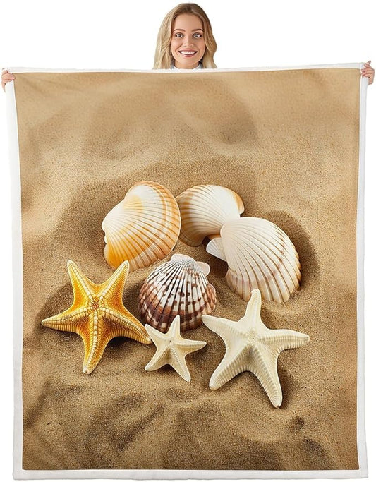Starfish Fleece Throw - Plush Beach Starfish Seashells Sherpa Blanket for Sofa Couch Bed - Ocean Marine Themed Hawaiian Fuzzy Tropical Room Decor - King 87x95 Inch