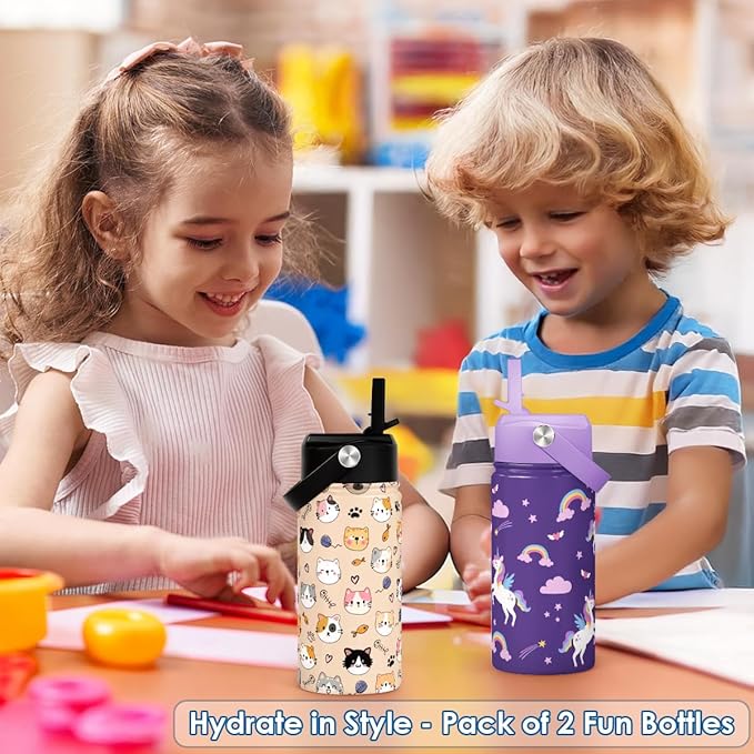 SANDJEST Kids Water Bottle with Straw Lid, Pack of 2 Insulated 12 Oz Stainless Steel Water Bottles for Girls, Travel Cup for School Sports, Cat - Unicorn