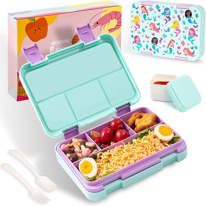 QCQHDU Bento lunch Box for Kids-4 Compartment,1180ml Lunch Containers for Adults,Microwave & Dishwasher & Freezer Safe,School,Work,Picnics with Sauce Vontainers,BPA-Free(Mermaid)