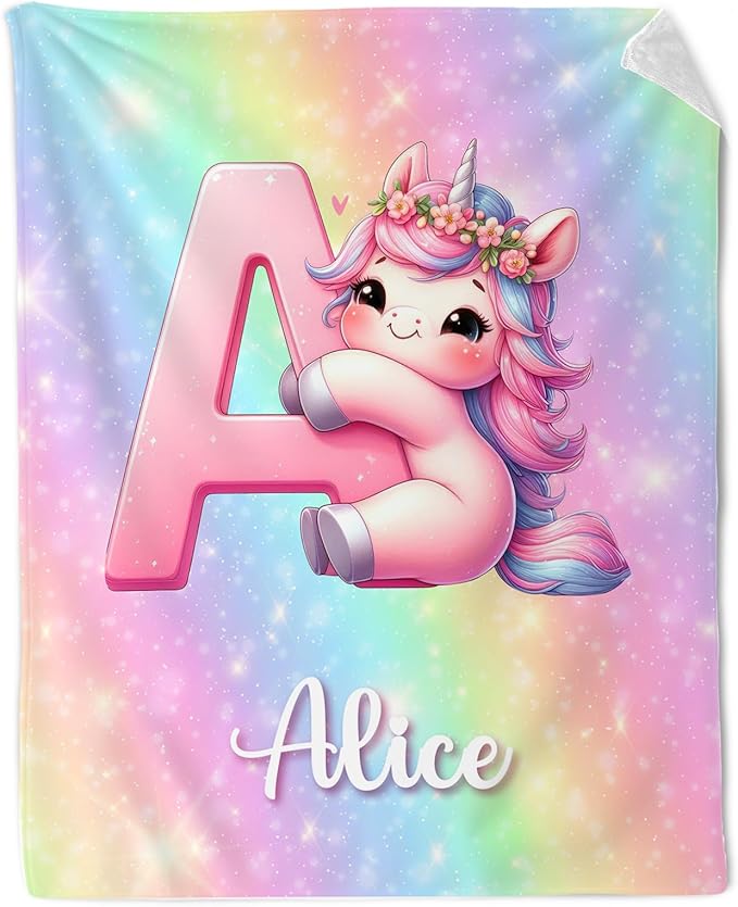 Unicorn Blanket Gifts for Girls, Custom 40 x 50 Inches Teens Monogram Blanket with Name - Personalized Cute Pink Initial Throw for Unicorn Lovers