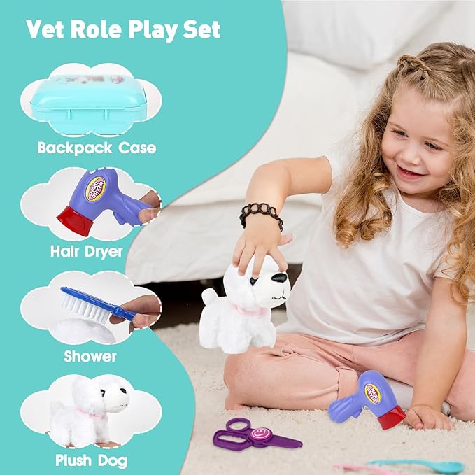 Pet Care Play Set for Kids, 16Pcs Doctor Kit Pretend Play Vet Puppy Dog Grooming & Feeding Toys with Backpack, Educational Toys for Girls and Boys 3-7 Years Old