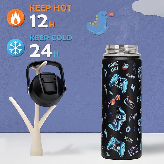 18oz Kids Insulated Water Bottle with Straw Lid - 18/8 Stainless Steel Kid Cup BPA-FREE Travel Tumbler Double Wall Vacuum Leak Proof Portable Toddler Water Bottle (Game)