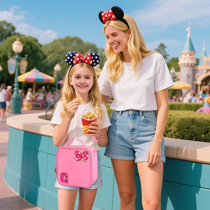 Preppy Initial Bow Mouse Lunch Bag, Kids Insulated Lunch Box Gifts for Teen Girls Daughter, Reusable Soft Lunch Containers Crossbody Cooler Bag Must Haves for Park Travel School Work Picnic Pink Q