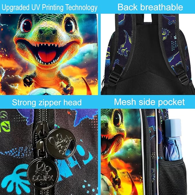 3Pcs Dinosaur Backpack for Boy, 16" Soccer Bookbag for Elementary Preschool Kindergarten, Kids School Backpacks with Lunch Box (Black)