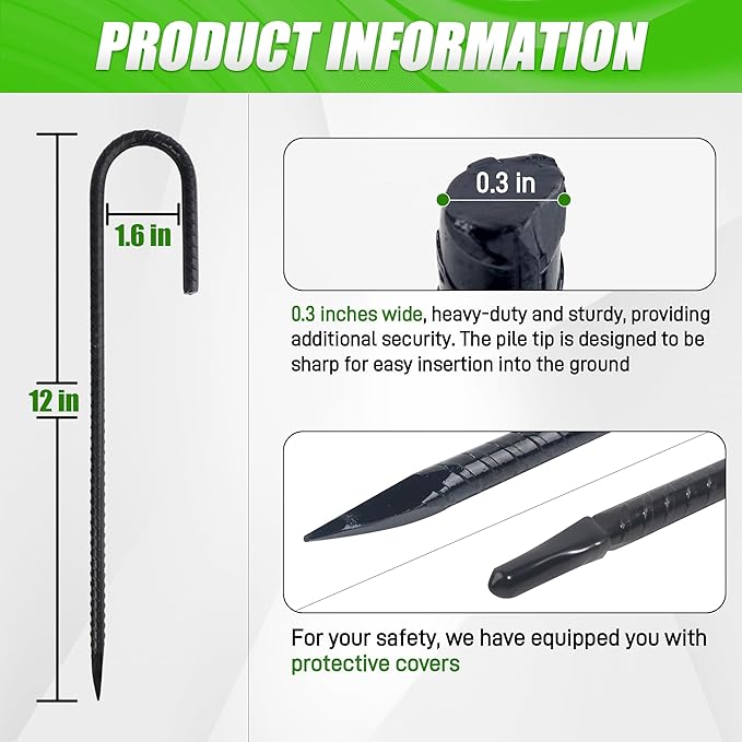 Anothera 8 Pack Heavy Duty Trampoline Stakes, 12 Inches Trampoline Anchors High Wind, Heavy Duty J Shaped Rebar Stakes for Trampoline, Tents, Inflatables, Fences, Outdoor Decoration