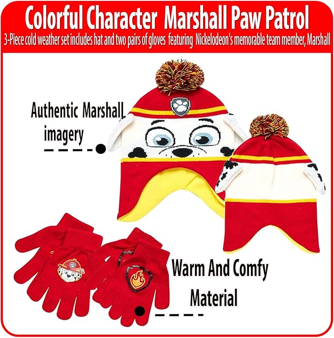 Nicklelodeon Paw Patrol Boy's Winter Hat and 2 Pair of Gloves or Mittens Set (Toddler/Little Boys) Size Age 4-7, Paw Patrol Marshall Glove with Handwarmers