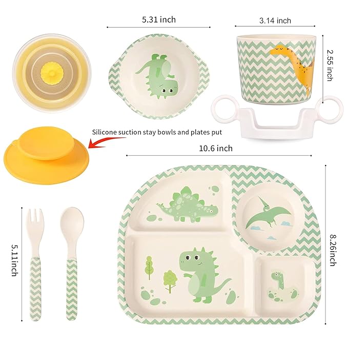 shopwithgreen 7Pcs/Set Bamboo Kids Dinnerware Set - Children Dishes - Food Plate Bowl Cup Spoon Fork Set Dishware, Cartoon Tableware, Dishwasher Safe Kids Healthy Mealtime, BPA Free