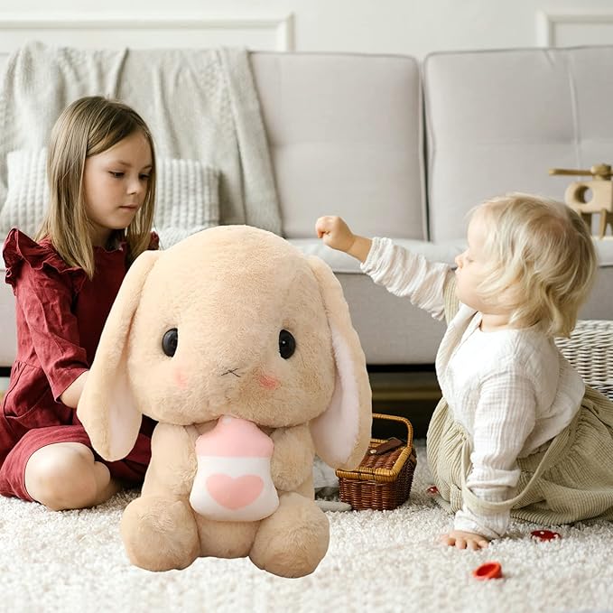 HOUPU Soft Toy - Sitting Lop Eared Rabbit, Easter White Rabbit Stuffed Bunny Animal with Carrot Soft Lovely Realistic Long-Eared Standing Pink Plush Toys (Brown-Milk Bottle,29.5in/75cm)
