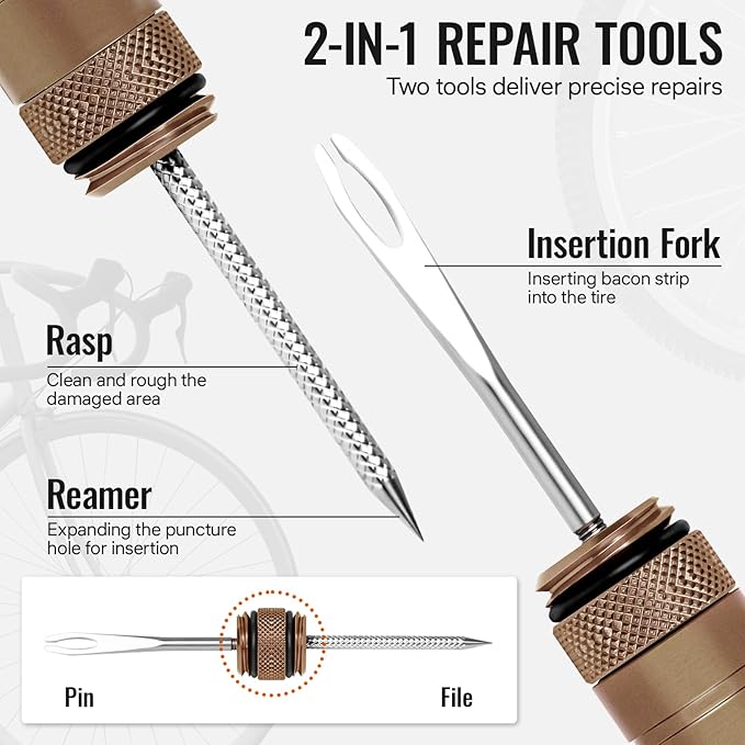 BWSHLF Tubeless Bike Tire Repair Kit for Mountain Bikes & Road Bicycles, Tubeless Tire Plug Kit with Storage Canister, Reamer, Insertion Fork, 10 Bacon Strips, Fix a Puncture or Flat, No Glue Needed