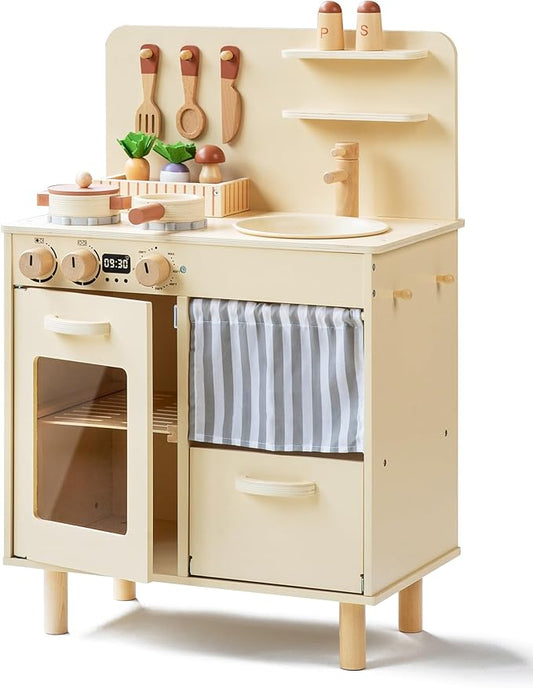 Wooden Play Kitchen for Kids, Realistic Pretend Kitchen Playset with Swivel Faucet & Kitchen Accessories Set for Toddlers Ages 3+