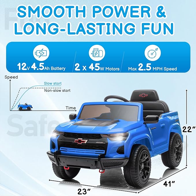 Winado Licensed Chevrolet Colorado Electric Car for Kids, 12V Ride on Toys for Toddlers with Remote Control, Battery Powered Electric Car Ride On Vehicle w/Bluetooth, Soft Start, LED Lights - Blue