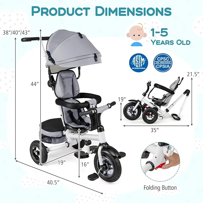 Costzon 5-in-1 Folding Kids Tricycle with Adjustable Push Handle & Canopy, Reversible Seat and Safety Harness, Push Trike with Storage for Toddler Aged 1-5 Years Old, Blue/Gray/Pink