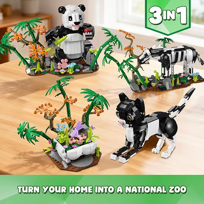 3 in 1 Wild Animals Panda Building Set - Animal Figures with 3 Building Options Panda Cat Zebra, 724 PCS Building Block Toy Home Office Decor Birthday for Kids Boys Girls 9-12+