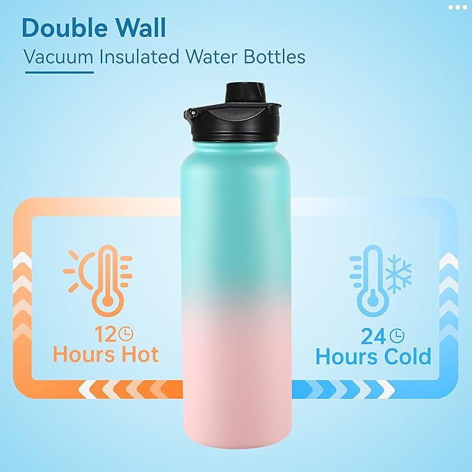 VEGOND 40 oz Insulated Water Bottle Stainless Steel Metal Water Bottles with Leak Proof Straw Lid & Spout Lid, Wide Mouth Double Walled Vacuum Travel Sports Bottle Cup, Green Pink