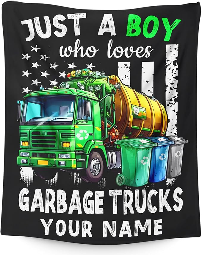 Custom Garbage Truck Blanket for Boys, Cute Throw Blanket Gifts for Kids Truck Lovers, Personalized 60x80 Inches Black Soft Fuzzy Blankets for Sofa Couch Bed Travel