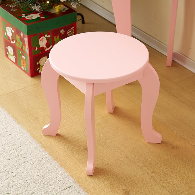 Kids Vanity Table and Chair Set, Girls Vanity Set with Mirror & 3-Color LED Lights, Pretend Play Kids Vanity with Drawer & Cute Bow Print, Makeup Dressing Princess Table for Girls, Pink