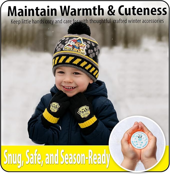 Nicklelodeon Paw Patrol Boy's Winter Hat and 2 Pair of Gloves or Mittens Set (Age 2-7) Size Age 4-7, Paw Patrol Black Glove with Handwarmers