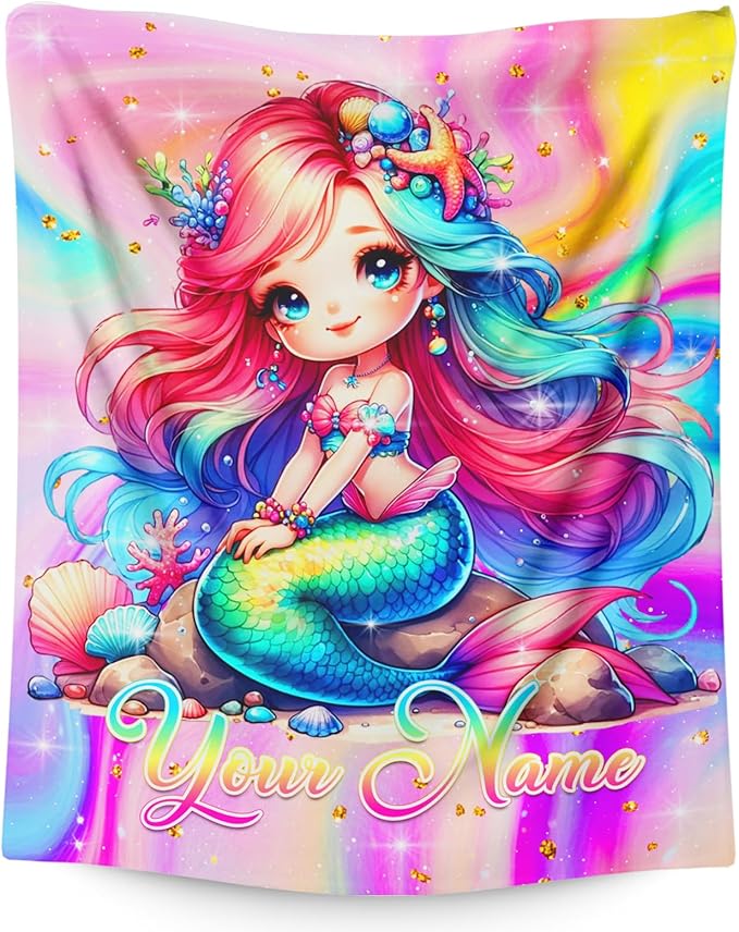 Mermaid Girls Blanket Gifts Personalized Blankets for Kids Teens, 60x50 Inches Custom Soft Lightweight Flannel Throws for Couch Sofa Bed Travel