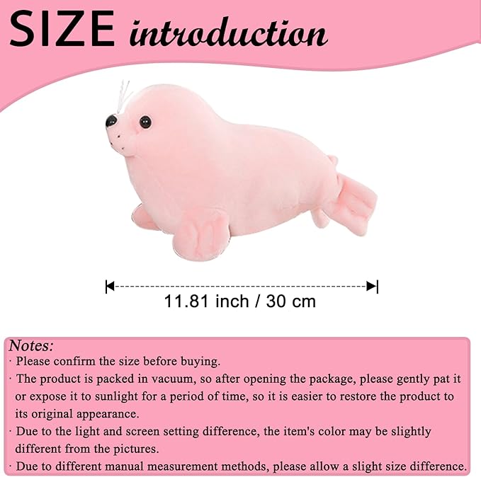 zhidiloveyou Seal Plush Stuffed Animal Pink Cute Toy Pillow Kawaii Doll for Kids, 11.8 inch