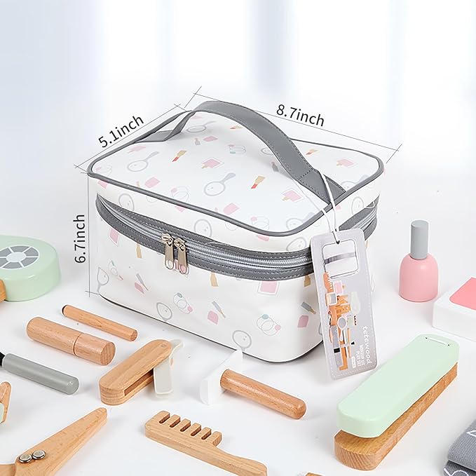 Wooden Kids Makeup Toy Set, Girls Pretend Cosmetic Bag Toys, Play House Beauty Salon Game, Birthday Gift for 3-9 Years Old Christmas 19pcs