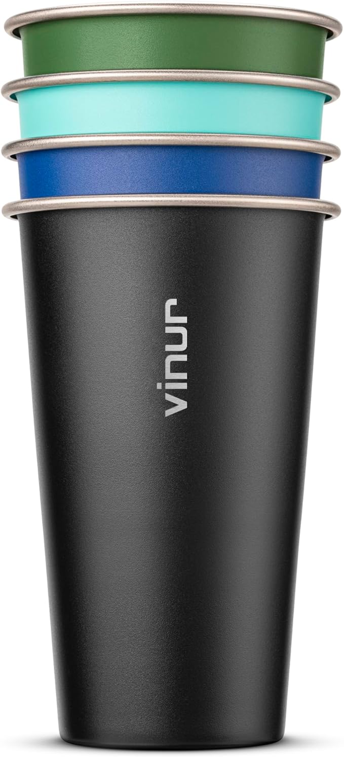 VINUR 4 Pack Stainless Steel Cups 20 oz Pint Tumbler Stackable Metal Drinking Glasses for Travel, Camping, Outdoors (Green-Black-Teal-Navy)