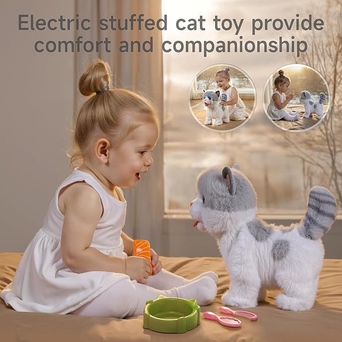 OR OR TU Walking Toy Cat with Remote Control Leash, Plush Cat Electronic Interactive Toys for Kids, Shake Tail, Licking, Pretend Dress Up Realistic Stuffed Animal Cat Age 3 4 5 6+ Years Old Best Gift