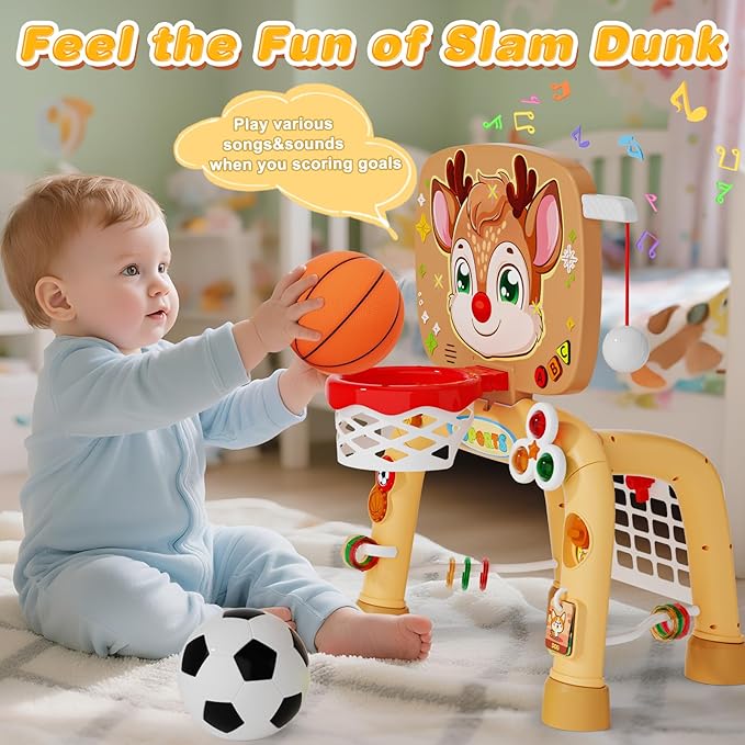 Toddler Basketball Hoop & Soccer Goal Baseball Play Activity Center,Toys for 1 2 3 Year Old Boys Girls,Montessori Sports Toys with Sound Music Christmas Birthday Gifts for Baby Kids 12 Months+