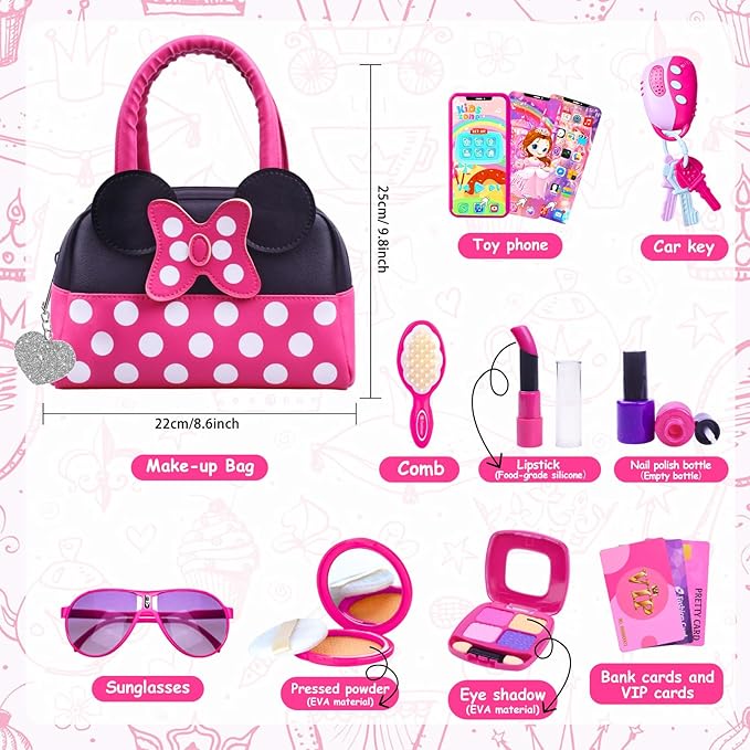 Pretend Play Purse for Little Girls-Toddler Purse Set Pretend Play Makeup Toys for 3 4 5 6 Year Old Kids,Toddler Purse with Accessories,Toy Purse Perfect for Girls Birthday Gifts (MNLSBB 2A)