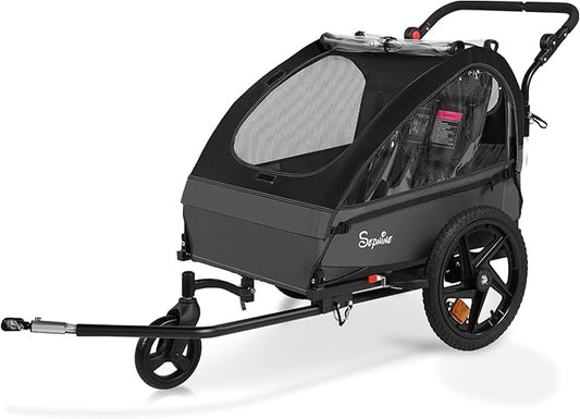 Sepnine Kids Bike Trailer, 2 in1 Canopy Carrier Converts to Stroller Suitable for 1 to 2 Kids, 12+ Months, Quick Attach to Bike, Foldable, with 5-Point Harness and Storage Bags