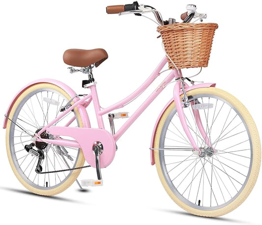 Glerc 20 24 26 Inch Beach Cruiser Bike, 6-Speed Hybrid City Bicycle for Girls Youth and Over 6 Years Old, Missy Bike with Wicker Basket & Lightweight, Multiple Colors