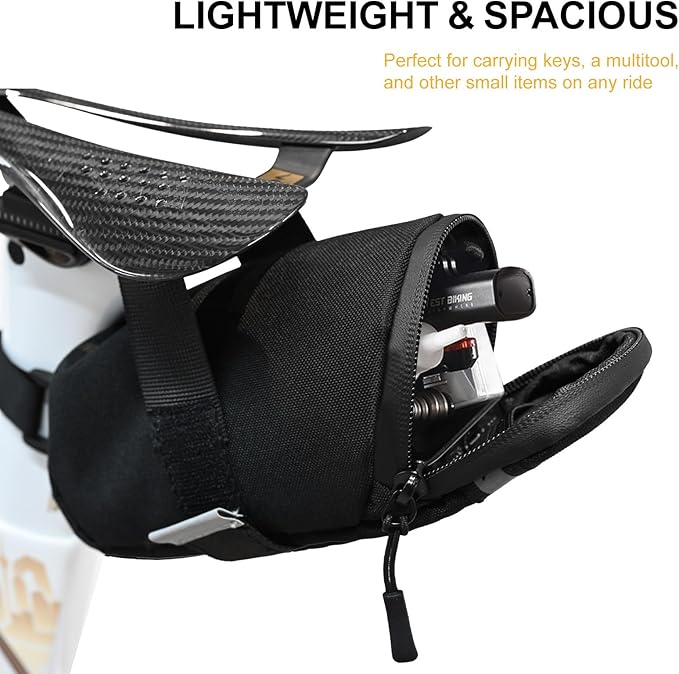 PARDUS Bike Saddle Bag, Water Resistant Bicycle Seat Bag, Durable Under Seat Storage Pouch with Multi-Tool Sleeves, Small Compact Bike Bag, Black