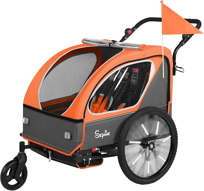 Sepnine Kids Bike Trailer, 2 in1 Canopy Carrier Converts to Pushcart Suitable for 1 to 2 Toddlers, Kids, Quick Attach to Bike, Foldable, with 5-Point Harness and Storage Bags