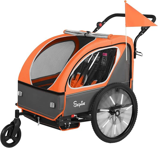 Sepnine Kids Bike Trailer, 2 in1 Canopy Carrier Converts to Pushcart Suitable for 1 to 2 Toddlers, Kids, Quick Attach to Bike, Foldable, with 5-Point Harness and Storage Bags