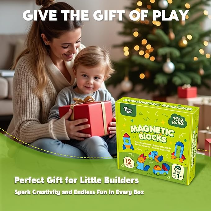 Magnetic Building Blocks, Large Magnetic Blocks for Kids Ages 1-3, 3D Geometric Shapes Stacking Blocks Set, Montessori Sensory Toys for Toddlers, Boys & Girls (12pcs)