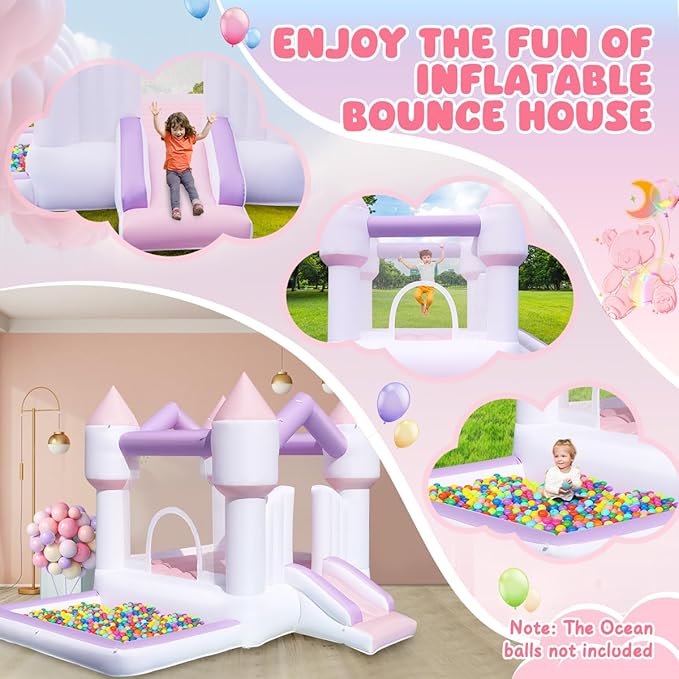 Inflatable Bounce House for Kids, White Bounce House with Slide, Jumping Bouncy Castle for Kids Birthday Party, Wedding, Backyard Indoor/Outdoor Purple (with Blower)